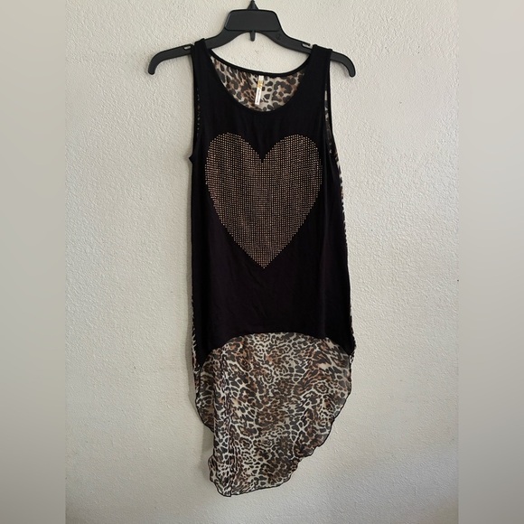 Ocasion High Low Black Righstones Heart Leopard Sheer Contrast Tunic Top S - Picture 3 of 10